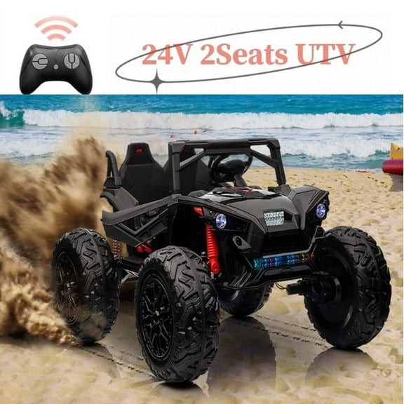EastVita 24V Ride on Car Extra Wide 2 Seats UTV Ride on Toys with Remote Control, EVA Wheels 4WD Electric Vehicle with Full-Metal Suspension,Music,LED Lights,Black