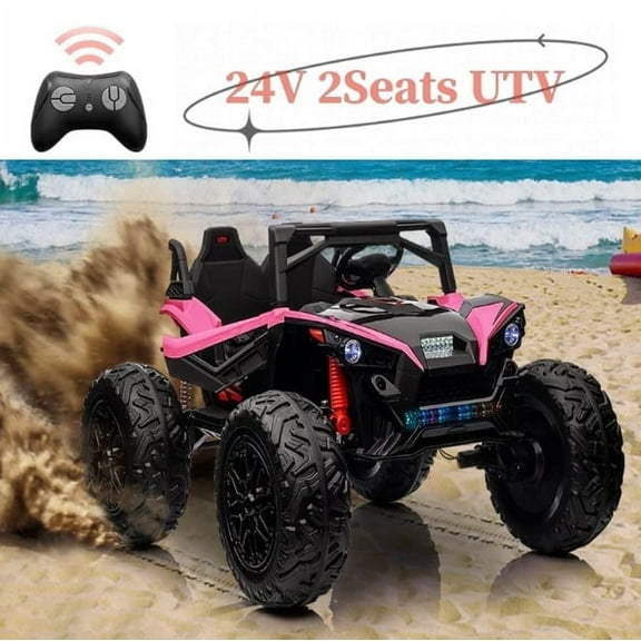 EastVita 24V Ride on Car Extra Wide 2 Seats UTV Ride on Toys with Remote Control, EVA Wheels 4WD Electric Vehicle with Full-Metal Suspension,Music,LED Lights,Rose Red