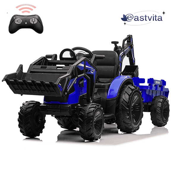 EastVita 24V Ride on Toys Tractor, Kids Ride on Car Toy Excavator Bulldozer, 24V Farm Tractor w/Trailer, Shovel Bucket, Digger, Remote Control, EVA Tires, LED Lights, Music, USB