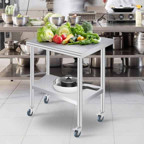 EastVita 24x36 Inch Stainless Steel Commercial Prep Table on Locking Casters with Adjustable Undershelf Rounded Corners Heavy Duty Kitchen Worktable for Restaurant Food Truck Outdoor Catering
