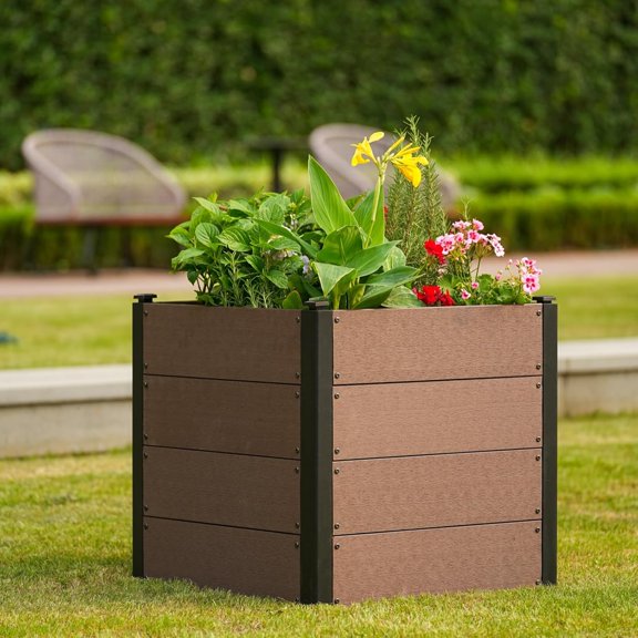 EastVita 25x25x23In Elevated Deep Root Garden Bed Wood Look Composite Bottom Drain Hole Easy Assembly Patio Outdoor Vegetables Herbs