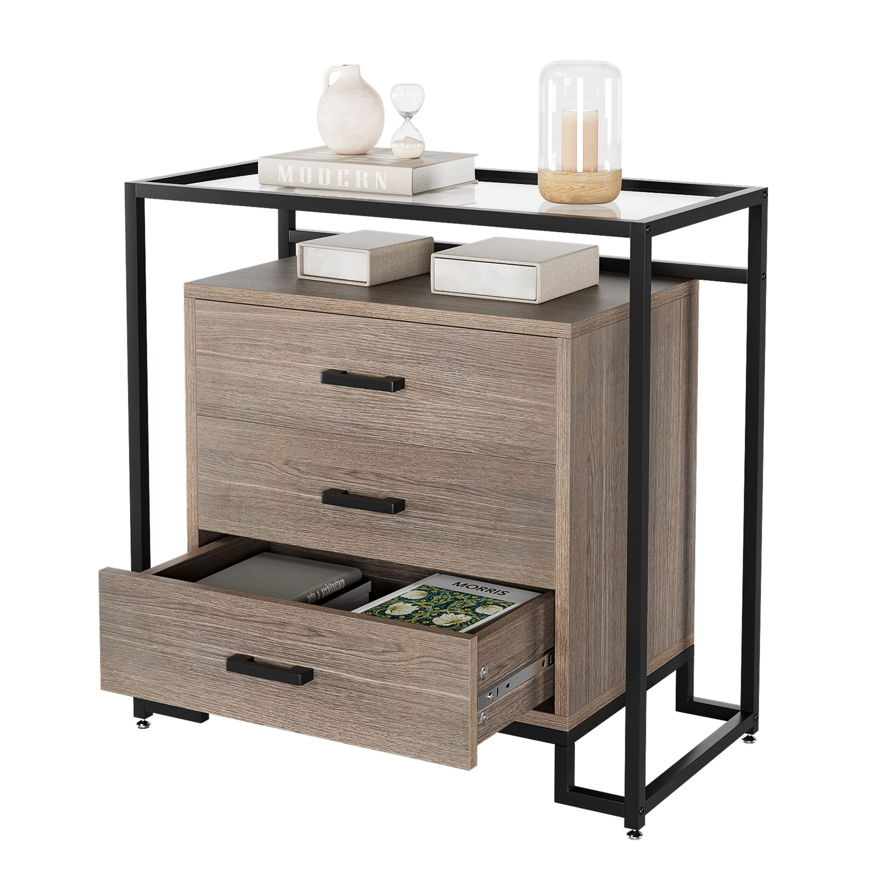 EastVita 3 Drawer Dresser Wood Dresser Chest Steel Frame & Tempered ...