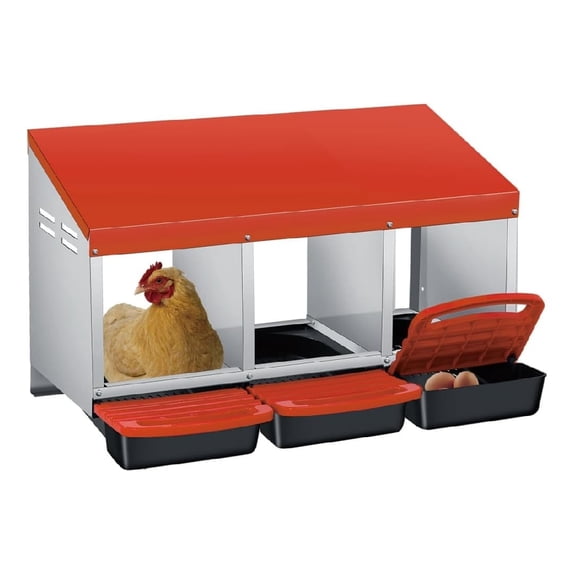 EastVita 3 Holes Galvanized Steel Chicken Nesting Box-Automatic Roll Out Egg Collection Removable Tray-Weatherproof Wall Mount Laying Box with Perch for Hens-Easy Clean Assemble for Coop-Orange