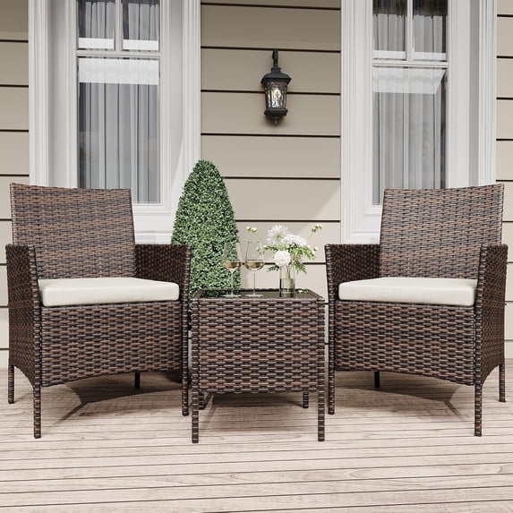 EastVita 3 Piece Patio Set PE Rattan Patio Conversation Set with 2 Chairs and 1 Coffee Table Outdoor Patio Furniture Set for Patio Front Porch Balcony Bistro - Brown