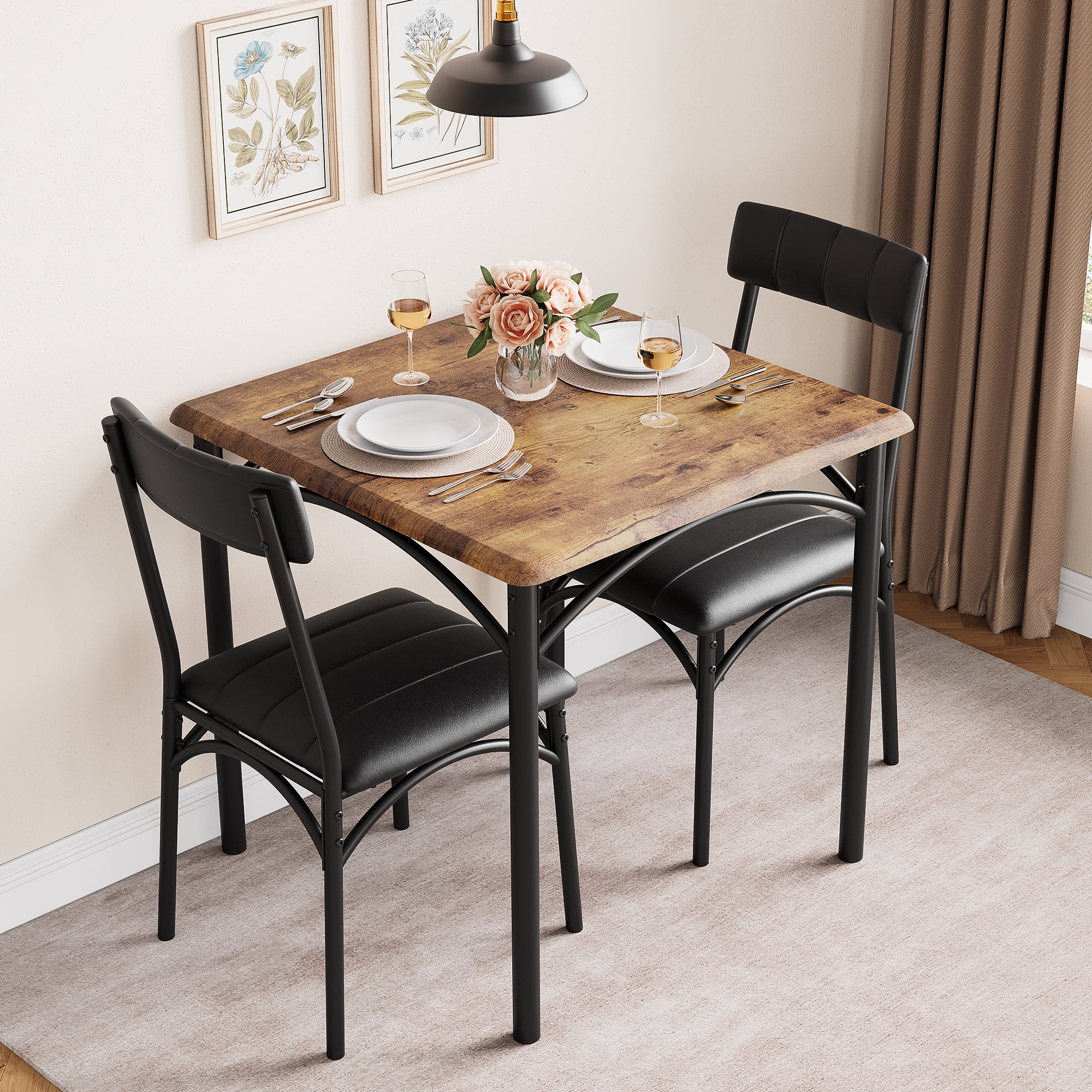 Dining Table 2-Person Dining Set Modern Black Glass Table PU