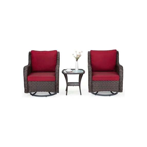 EastVita 3 Pieces Rocking Wicker Bistro Set. Outdoor 360° Swivel Rocker Patio Outdoor Furniture Conversation Sets With Porch Chairs And Glass Coffee Table