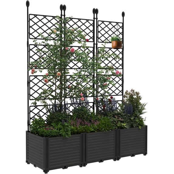 EastVita 3 Screens Plastic Planter Box with Trellis Tall Raised Garden Bed With Lockable Wheels Drainage for Patio Balcony