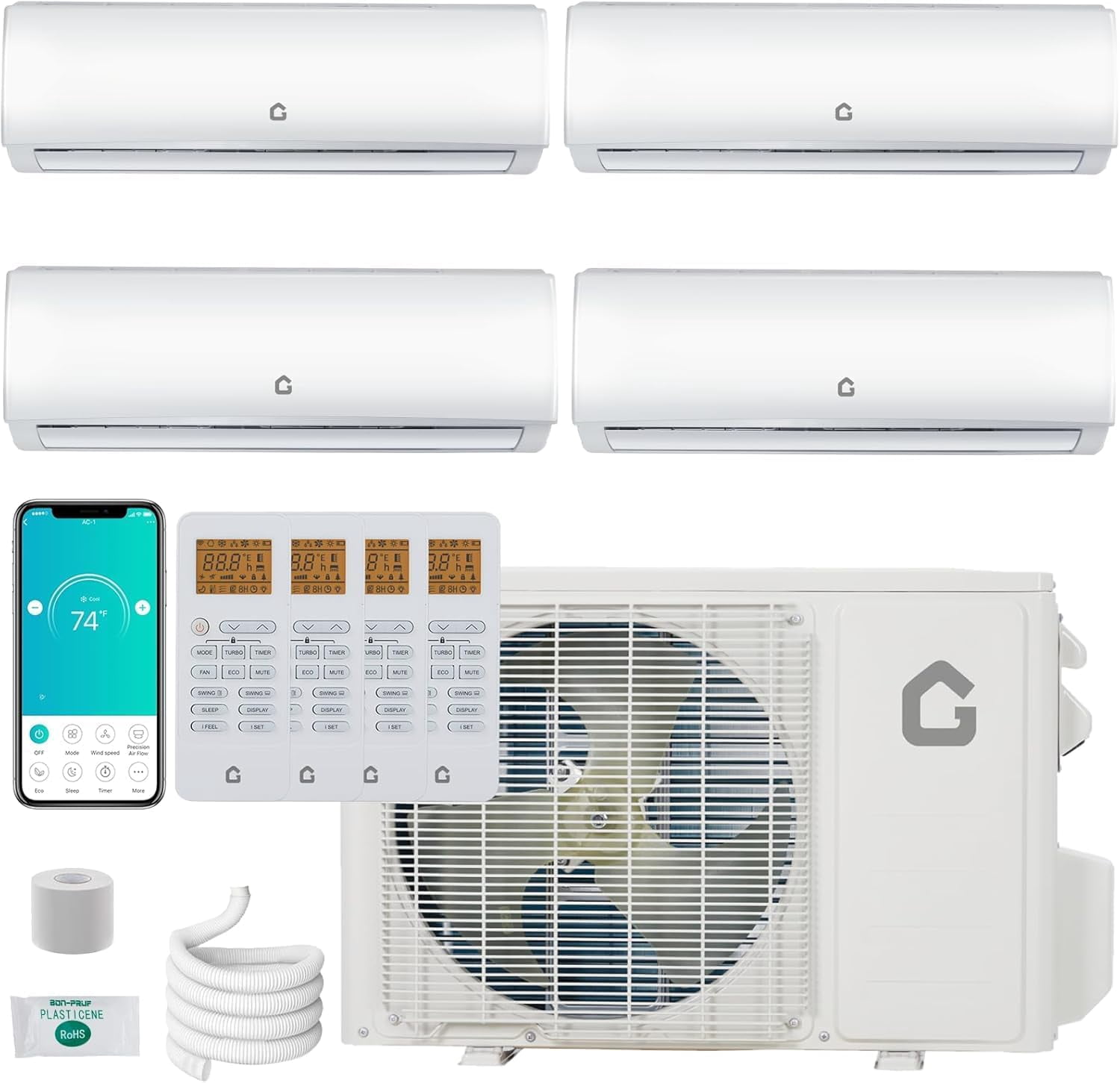EastVita 35K 4 Zone Mini Split AC Heating System Air Conditioner 9K-9K-12K-12K Ductless Wall Mounted Air Conditioner with Pre-Charged Condenser 19 SEER2 208-230V Not Include Copper Tube Line Set