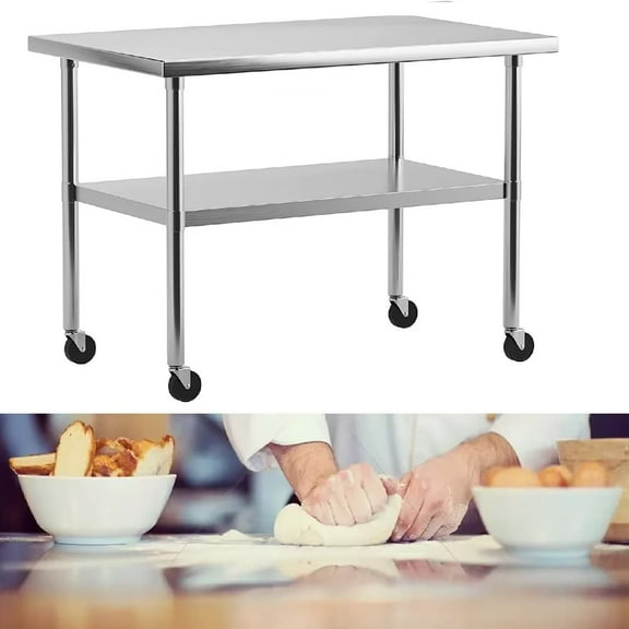 EastVita 36 x 24 Inches Stainless Steel Table for Prep & Work,NSF Commercial Heavy Duty Island Table with Undershelf & Caster for Kitchen