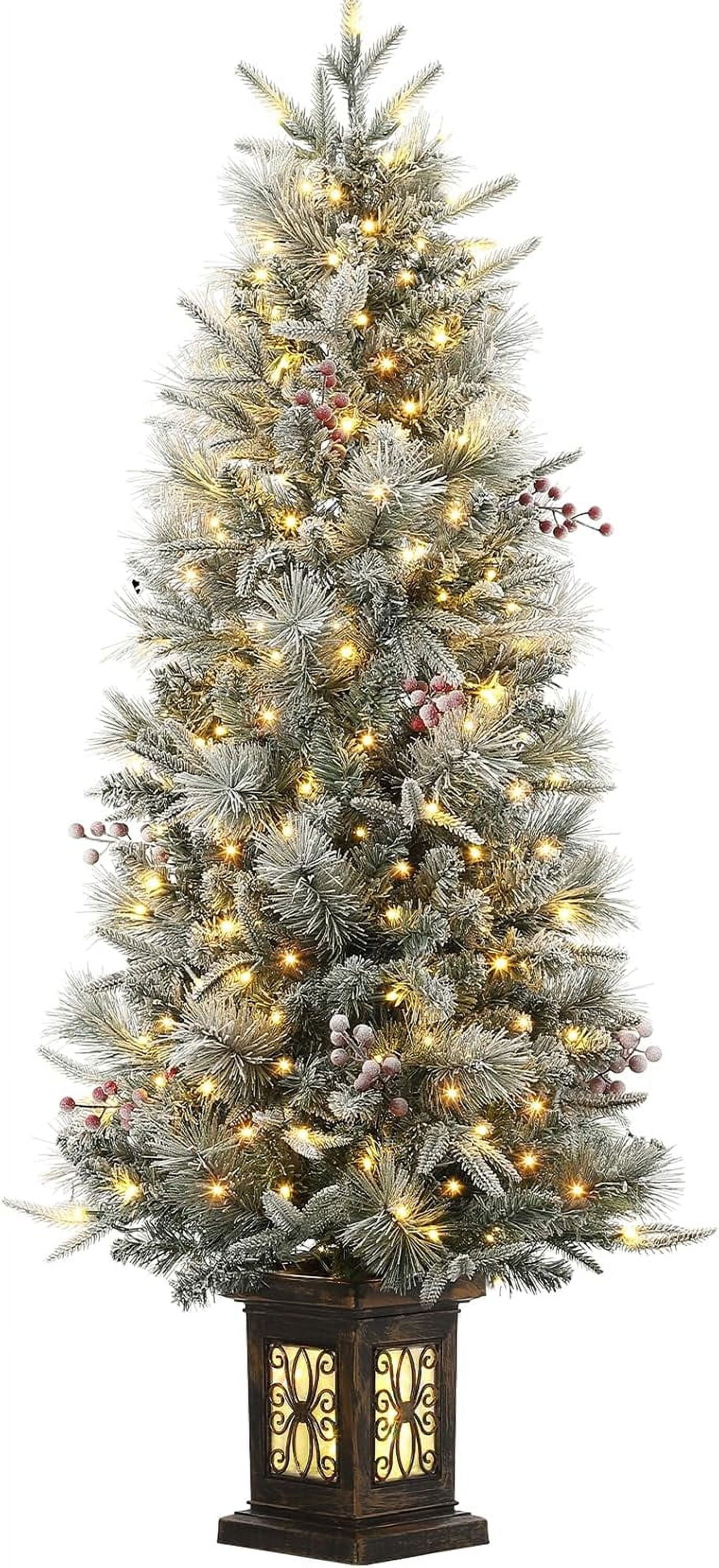 4.5ft Green Snow Flocked Potted Christmas Tree with LED Lights