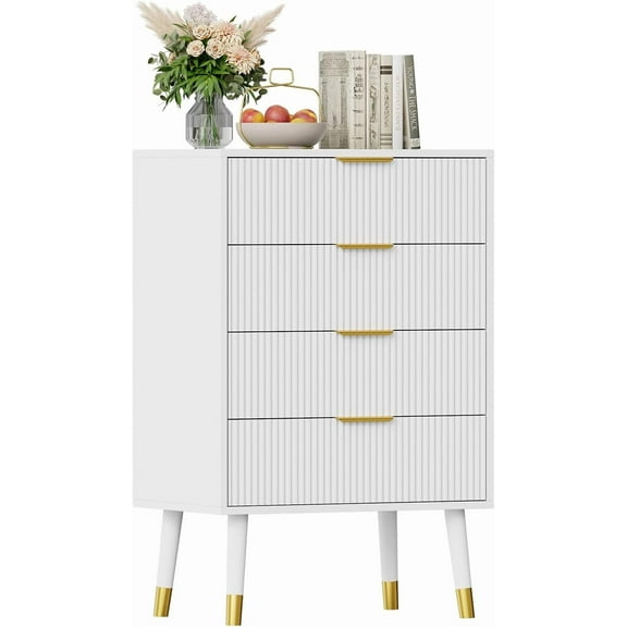 EastVita 4 Drawer Fluted Tall Dresser with Gold Metal Handles, Small Wooden Chest of Drawers Storage Cabinet for Bedroom Living Room White
