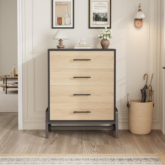 EastVita 4-Drawer Vanity Dresser with Mirror & Storage, Multi-Use Farmhouse Storage Cabinet for Bedroom, Entryway, Living Room