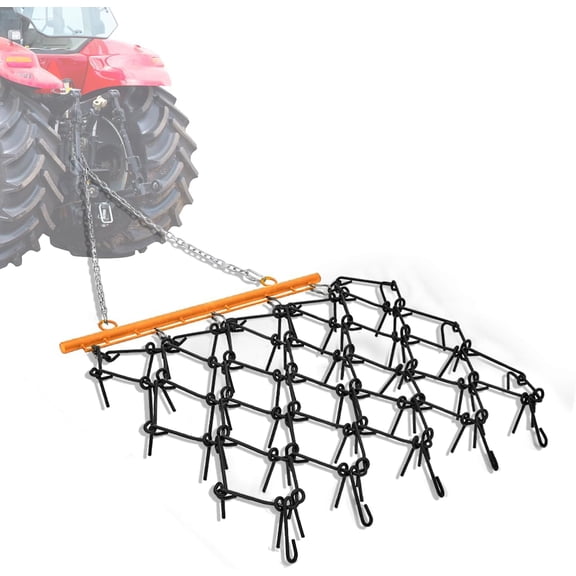 EastVita 4 Feet by 4 Feet Heavy Duty Chain Drag Harrow with Three Eight Inch Tines Compatible with ATV UTV Tractor Attachments for Leveling Grading Breaking Soil Garden Field Yard Farm Towing Black