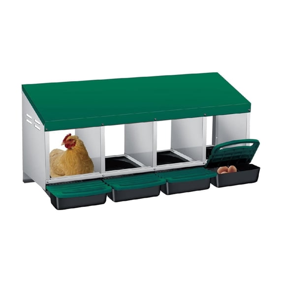 EastVita 4 Holes Galvanized Steel Chicken Nesting Box-Automatic Roll Out Egg Collection Removable Tray-Weatherproof Wall Mount Laying Box with Perch for Hens-Easy Clean Assemble for Coop-Green