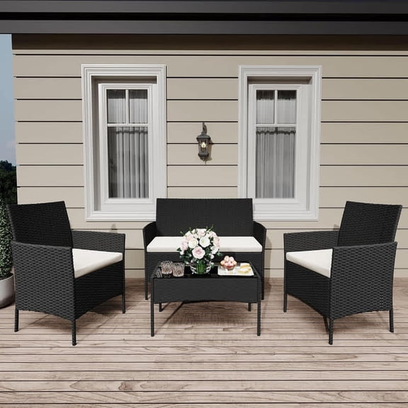 EastVita 4 Piece Patio Furniture Set, Wicker Rattan Patio Conversation Set, 2 Chairs & One Loveseat & One Coffee Table, Outdoor Patio Furniture Set for Patio Front Porch Balcony Bistro