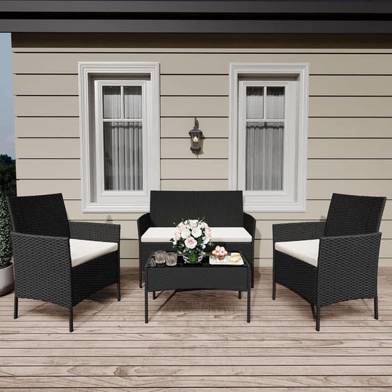 EastVita 4 Piece Patio Furniture Set, Wicker Rattan Patio Conversation Set, 2 Chairs & One Loveseat & One Coffee Table, Outdoor Patio Furniture Set for Patio Front Porch Balcony Bistro
