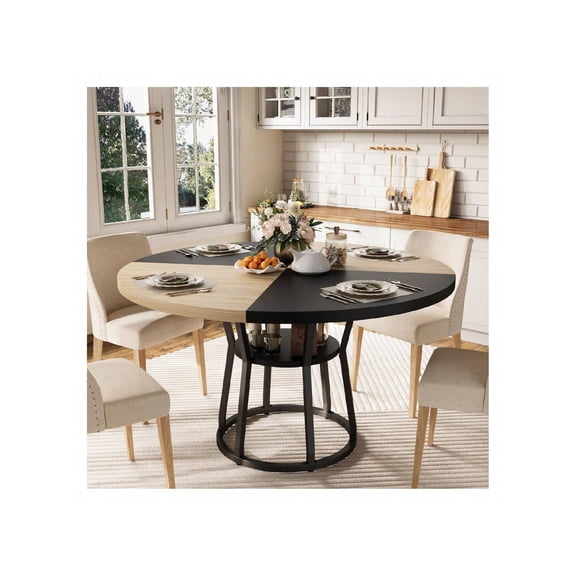 EastVita 42inch Round Farmhouse Dining Table For 4 6 People Rustic Wood Kitchen Table With Storage Shelf Space Saving Circle Dinner Table For Small Spaces Apartments Dining Room and Living Room