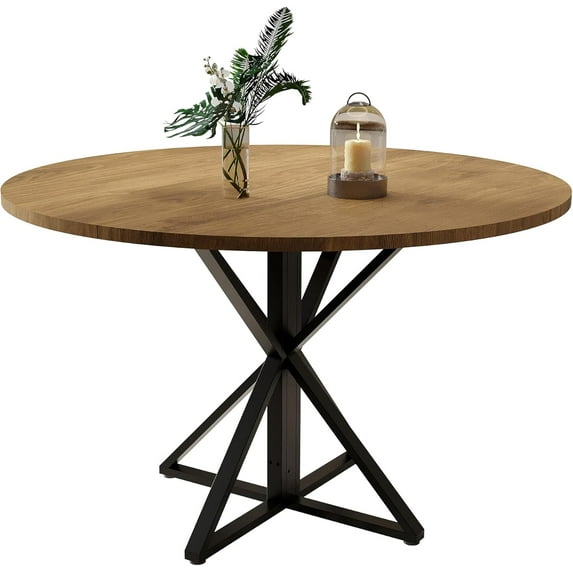 EastVita 47" Round Dining Table with Metal Base, Space Saving Kitchen & Dining Room Table Seating 4-6, Brown Finish, 4 Pieces Desktop