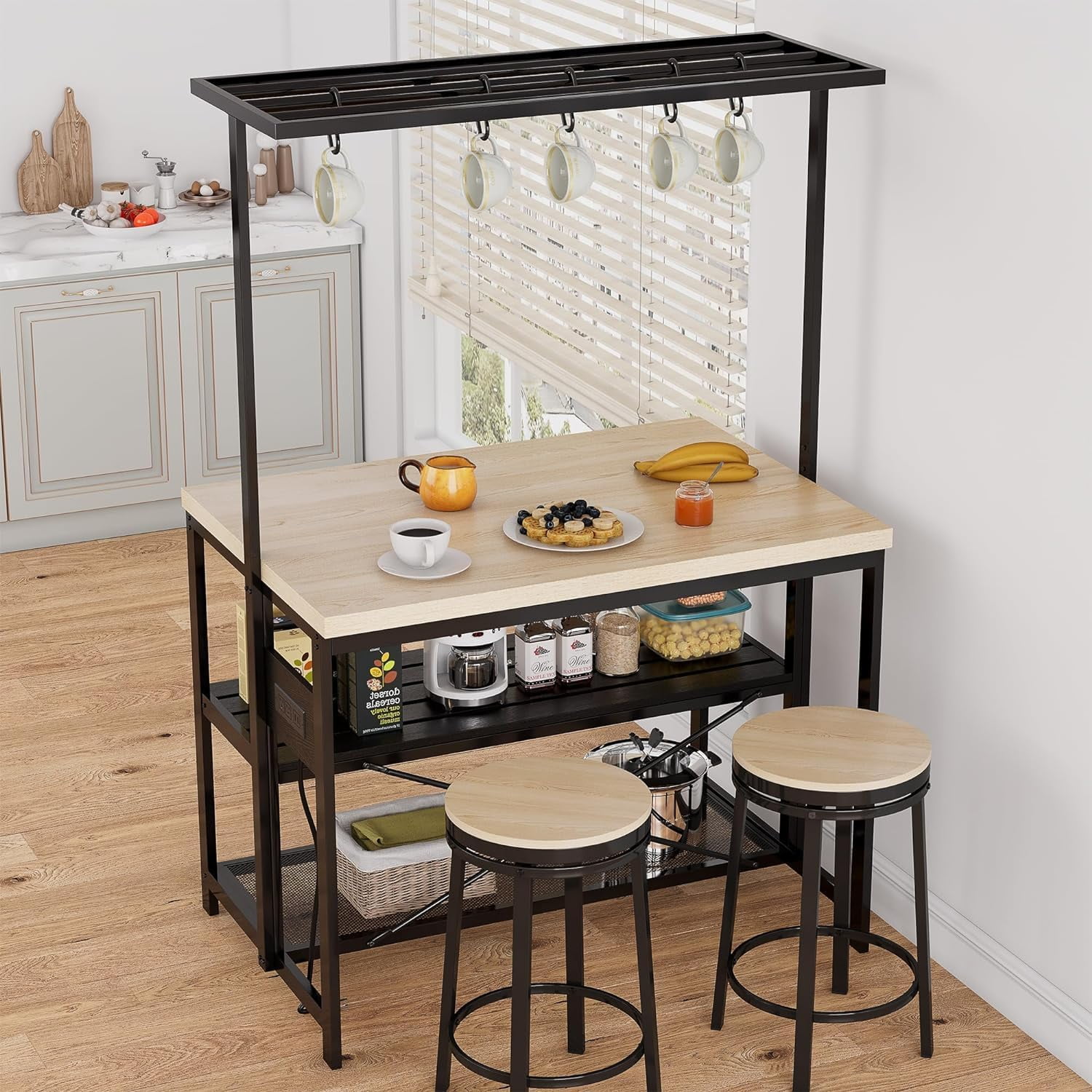 EastVita 47" Versatile Kitchen Island with Storage,Wood & Steel,Microwave Shelf,3-Tier Open Shelves,5 Hooks,Coffee Bar Convertible
