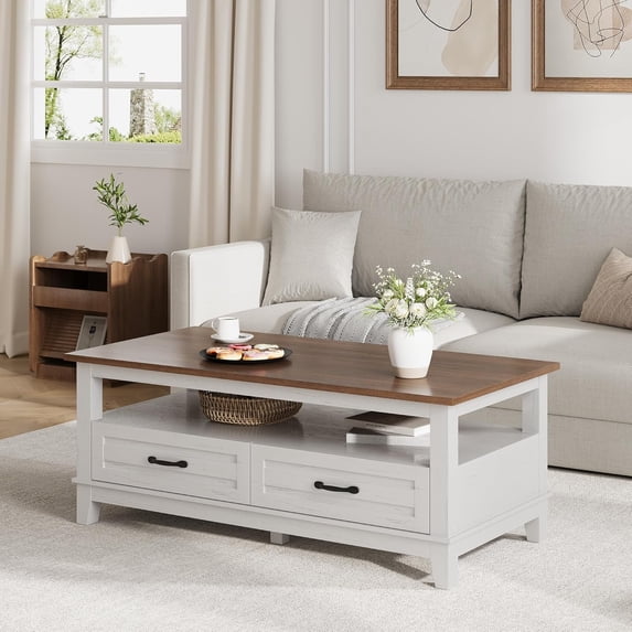 EastVita 47inch Farmhouse Coffee Table with Drawers Rustic Coffee Table Wood Center Table Easy Assembly Living Room Table for Office Parlor Reading Room - White