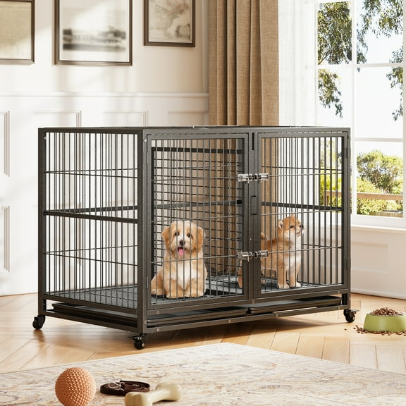EastVita 48 Inch Heavy Duty Dog Crate,Indoor Dog Kennel with Lockable Wheels and Removable Tray,Indestructible Escape-Proof Dog Cage for Indoor & Outdoor Use 47.24" L x 29.92" W x 35.04" H