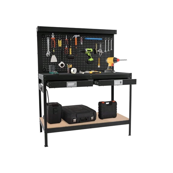 EastVita 48 Inch Workbench Heavy Duty Metal Steel Tool Storage Work Table 2 Tier Work Table For Garage With Pegboard 2 Drawers And Shelf Multifunctional Work Bench For Workshop Home Office