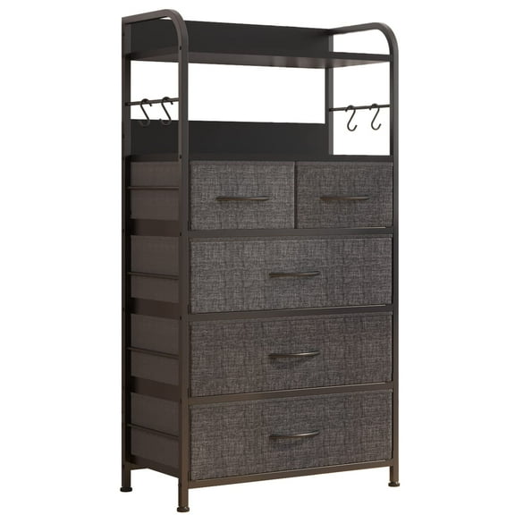 EastVita 5 Drawer Dresser for Bedroom,Fabric Storage Organizer Unit,Sturdy Metal Frame,Wood Tabletop,Easy Pull Handle,Dark Grey