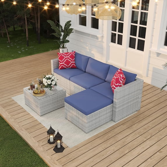 EastVita 5 Piece Deck Patio Furniture Set Outdoor Rattan Parlor Sofa Set All Weather Sectional Sofa with Glass Storage Table and Balcony Footstool Non-Slip Cushions Poolside Garden Porch Grey + Blue