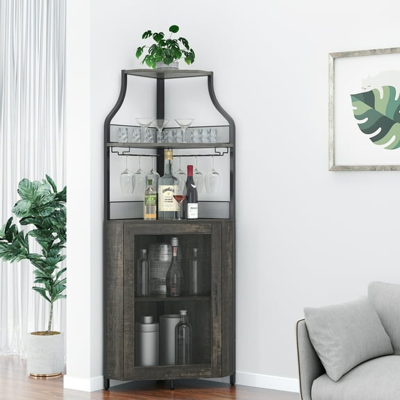 EastVita 5-Tier Corner Bar Cabinet w/Led Light, Farmhouse Wine Bar Cabinet with Detachable Glass Holder,Visualization Mesh Door