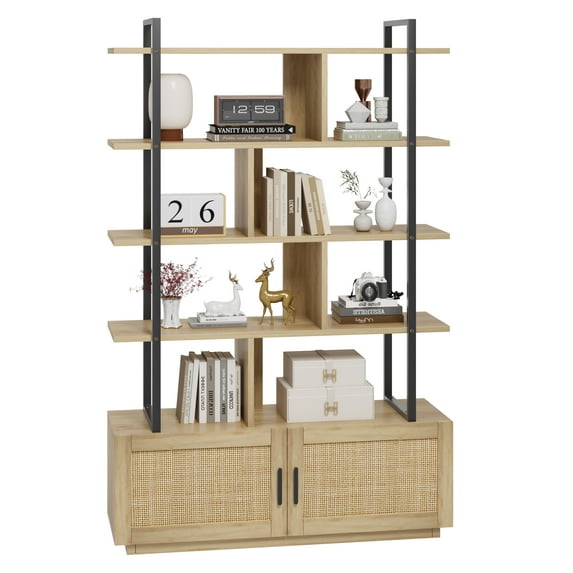 EastVita 5 Tier Rattan Bookshelf with Storage Cabinet & Door,71.1” Tall Industrial Book Shelf,Open Display Shelves,Wood Color