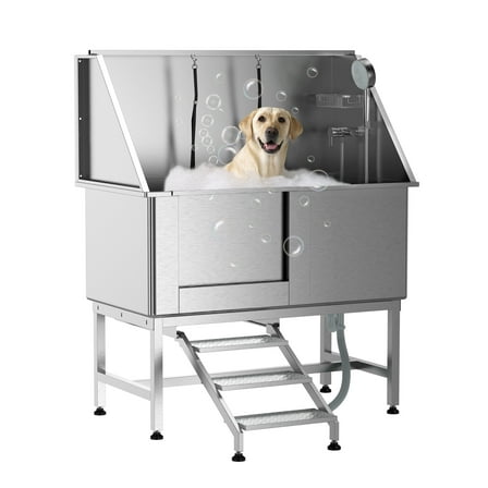 EastVita 50" Professional Stainless Steel Dog Bathing Station,Dog Grooming Tub with Stairs,Floor Grate,Faucet for Small & Large Dogs