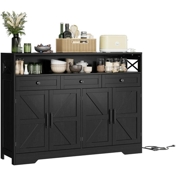 EastVita 51" Buffet Sideboard with Power Outlets, Modern Kitchen Storage Cabinet with 3 Drawers, Open Shelf and 4 Farmhouse Doors, Large Wood Coffee Bar Buffet Table