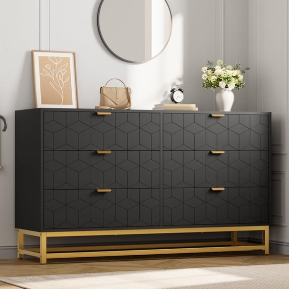 EastVita 53.5 inch Wide Modern 6 Drawer Dresser Wide Chest with Gold Metal Legs and Handles Wood Storage Organizer for Bedroom Living Room Hallway Black