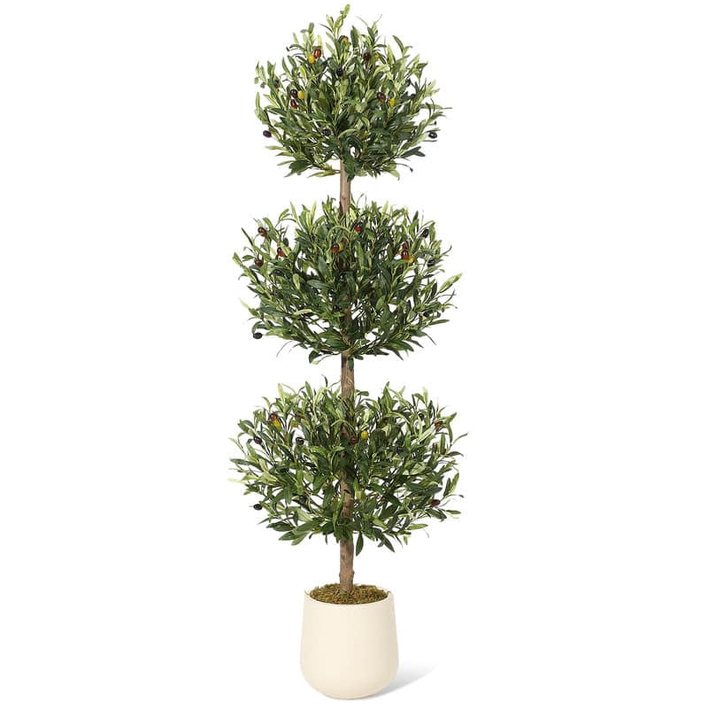 EastVita 59 Inch Artificial Ball Topiary Olive Tree, Fake Green Realistic Potted Olive Plant with Olives, Moss Decor Bag, White Pot, Indoor Outdoor Artificial Plants for Porch Living Room 1PCS