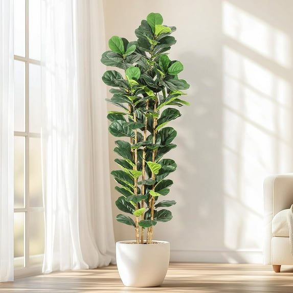 EastVita 5FT Faux Fiddle Leaf Fig Tree with White Tall Planter, Faux Trees with Artificial Plants 74 Fiddle Leaves Greenery - Lifelike Fake Tree