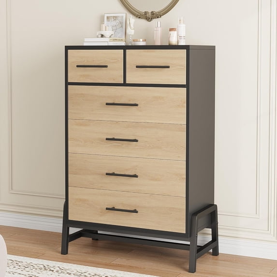 EastVita 6 Dresser for Bedroom Freestanding 46.6 in Tall Drawer Dresser with Storage Wooden Closet Storage Chest for Home Office Natural Oak and Black