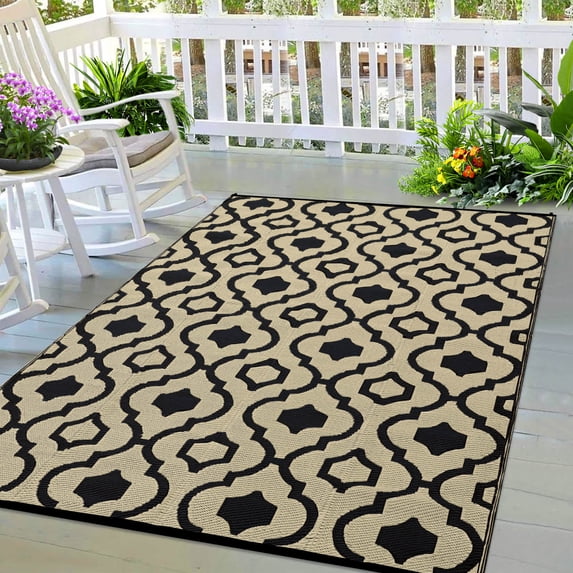 EastVita 6 X 9 ft Plastic Black and Dark Brown Rectangular Beach Front Porches Patio Picnic RV Camping Garage Flower Moroccan Area Rug