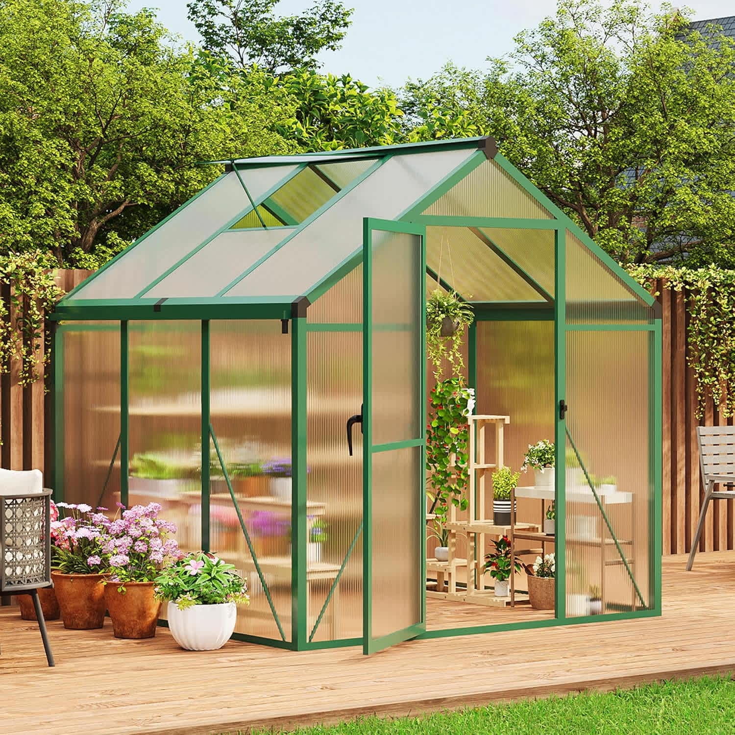 EastVita 6 x 6ft Walk-in Greenhouse Heavy-Duty Aluminum Frame Polycarbonate Panels Easy Assembly Roof Vent Ground Anchors Sliding Lockable Door for Backyard Green