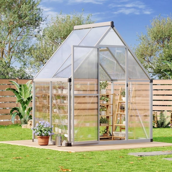 EastVita 6 x 7 ft Greenhouse Polycarbonate Walk-in Greenhouse with Aluminum Frame Clear Pop-up Greenhouse Sliver