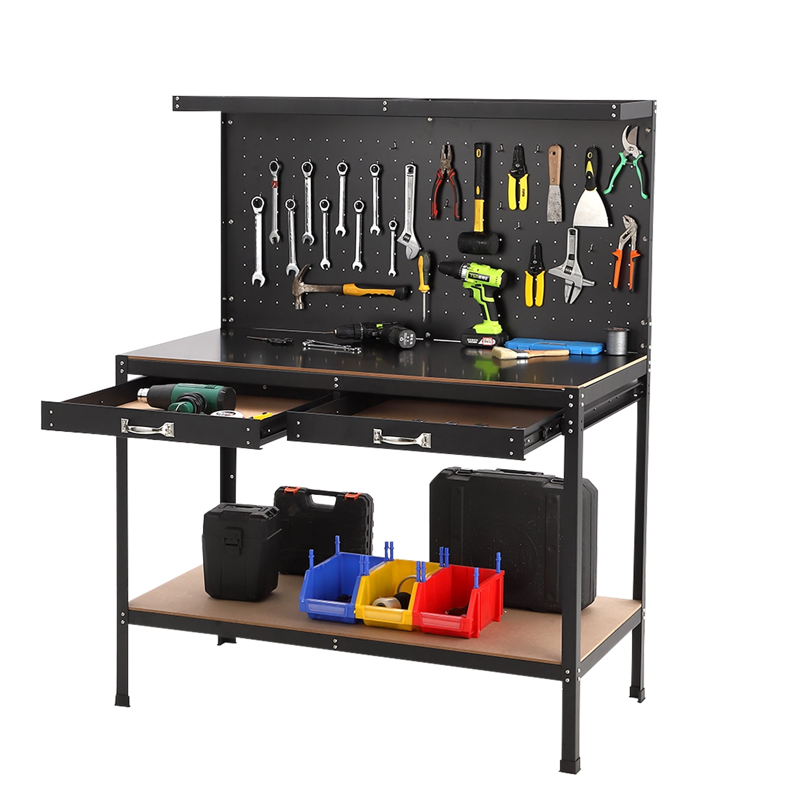 Black Alloy Steel 61 Inch Workbench with Drawers and Pegboard