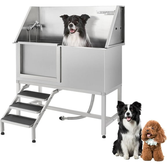 EastVita 62" Pet Dog Washing Station with Ramp,Professional Stainless Steel Dog Grooming Tub with Soap Box, Faucet, Dog Bathtub for Large,Medium,Small Pets