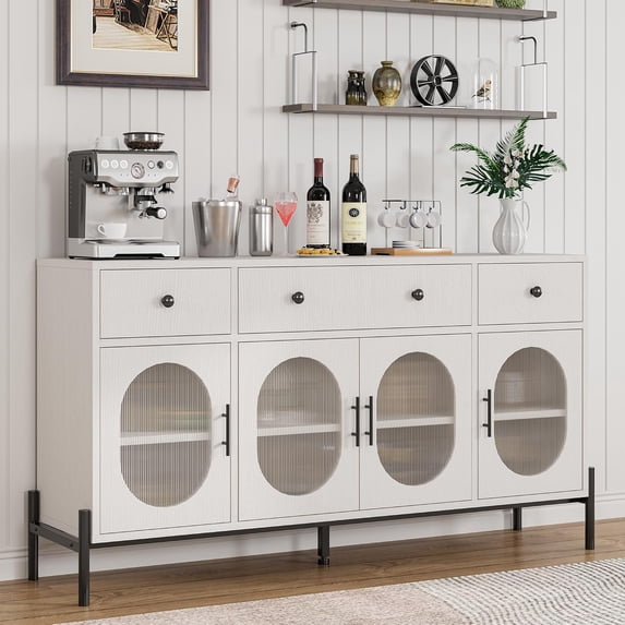 EastVita 62 inches Buffet Cabinet with Storage Large Sideboard Cabinet Coffee Bar Cabinets with 3 Drawers and 4 Fluted Glass Doors for Home/Kitchen/Dining Room (White)