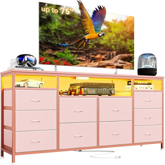 EastVita 63.3 Inch Black Dresser for Bedroom,10 Drawer Dresser TV Stand for 65 70 75 Inch TV, Fabric Chest of Drawers with LED Lights & Power Outlets