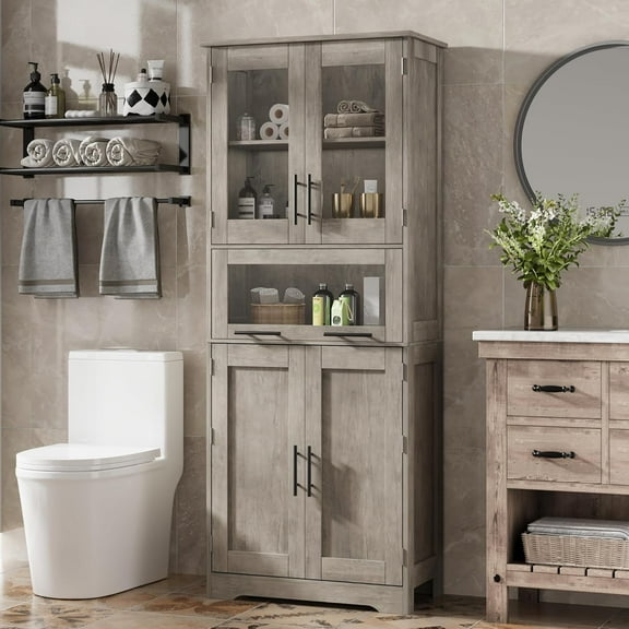 EastVita 67" Tall Bathroom Cabinet,Narrow Storage Cabinet with Doors,Adjustable Shelf,Slim Floor Cabinet,Retro Style