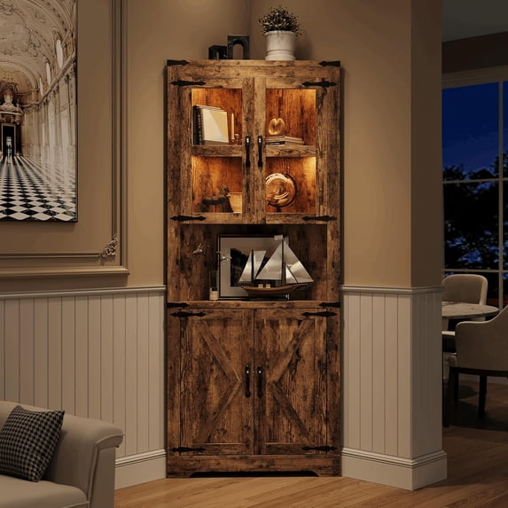 EastVita 67 inch Tall Corner Storage Cabinet with Lights Farmhouse Wooden Corner Hutch with Glass Doors Adjustable Shelves Display Cabinet Brown