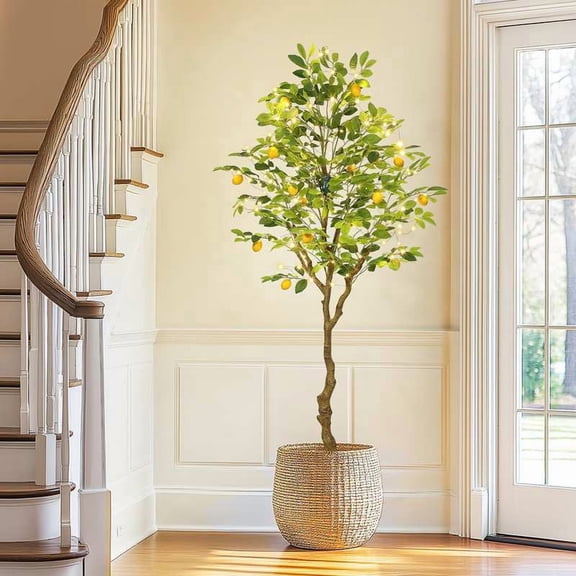 EastVita 6FT(with lights) Artificial Lemon Tree Indoor, Pre Potted Faux Lemon Tree with Realistic Fruit and Lifelike Leaves, Fake Lemom Plant with Lights for Indoor Home Decor Office Living Room