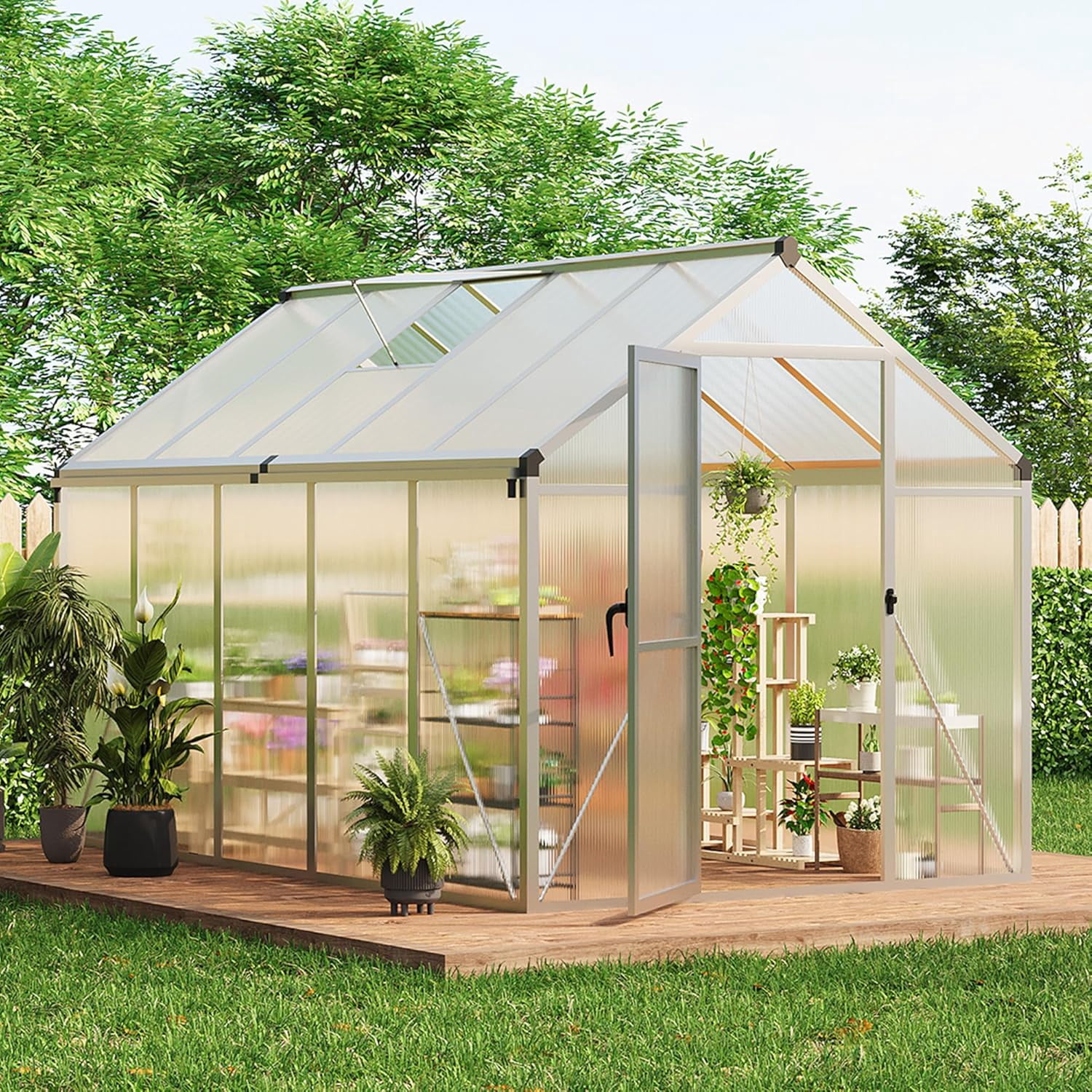 EastVita 6x10 FT Greenhouse for Outdoors Polycarbonate Greenhouse with Roof Vent Ground Nails Lockable Push Door Aluminum Large Walk-in Green House for Outside Garden Backyard Patio Lawn Silver