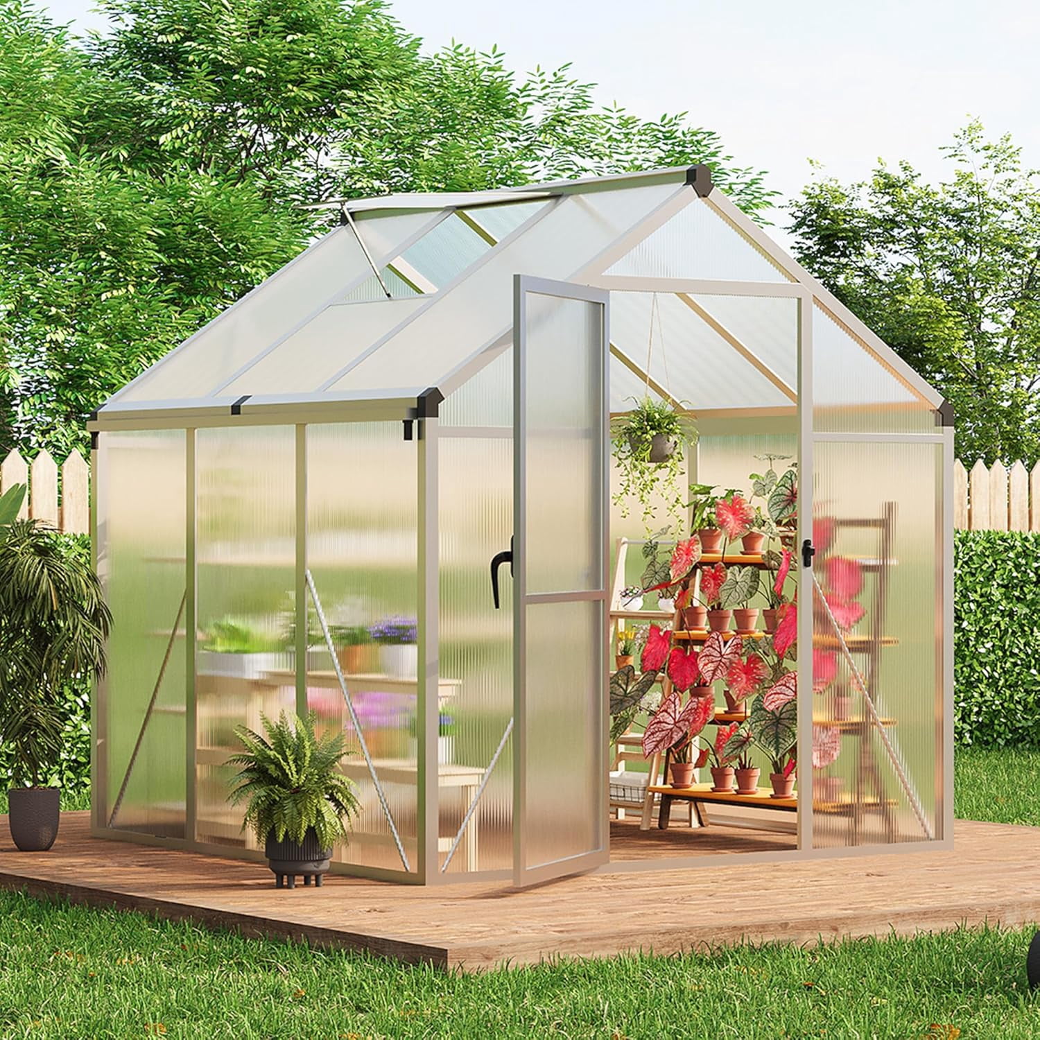 EastVita 6x6 FT Greenhouse for Outdoors Polycarbonate Greenhouse with Roof Vent Ground Nails Lockable Push Door Aluminum Large Walk-in Green House for Outside Garden Backyard Patio Lawn Silver