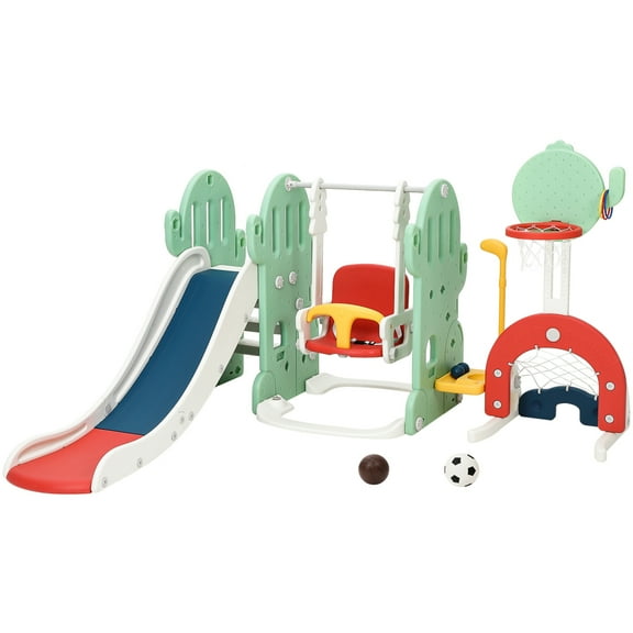 EastVita 7 in 1 Toddler Slide and Swing Set Large Slide with Basketball Hoop Soccer Golf Indoor Slide and Swing Set Slide Toddler Slide Climber Set for Outdoor And Indoor Playground