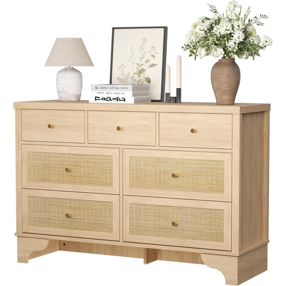 EastVita 7 Drawer Dresser for Bedroom 473 in Wide Wood Chest of Drawers with Natural Rattan Drawers Drawer Organizer with Sturdy Base for Living Room Entryway and Hallway